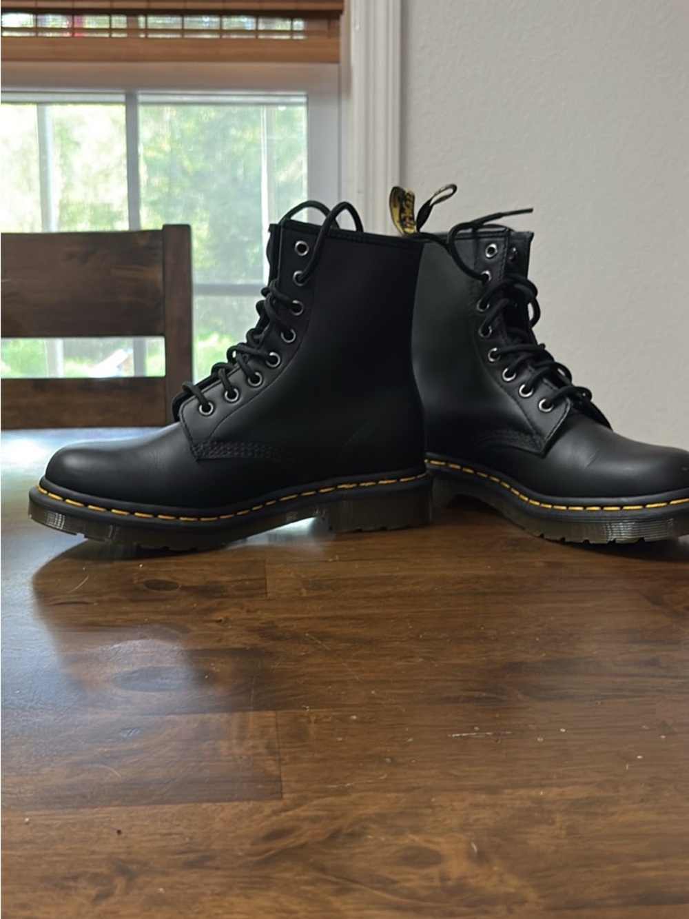 Dr. Martens Black Leather 8-Eye Lace-Up Boots with Yellow Stitching